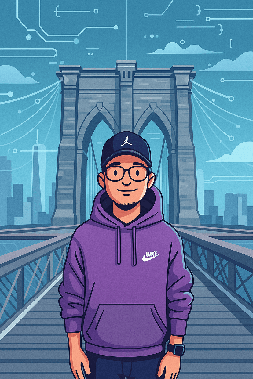 Adrian cartoon at Brooklyn Bridge